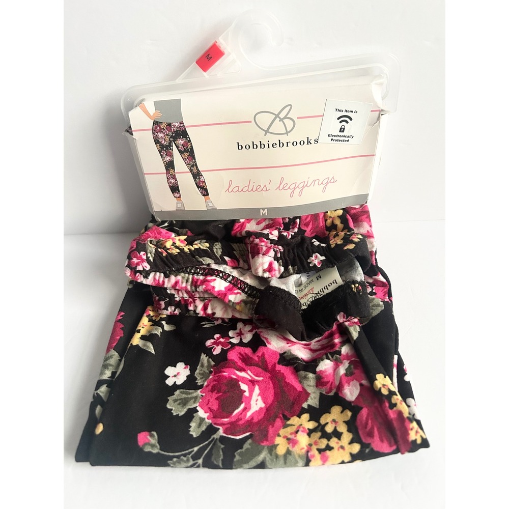 Bobbie Brooks Floral Leggings Black Pink Rose Print Size M 8/10 NWT